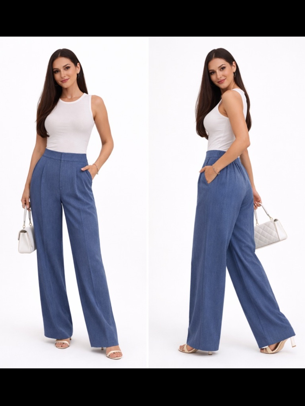 Wide Leg High-Rise Blue Womens Pants Large - Picture 2 of 4
